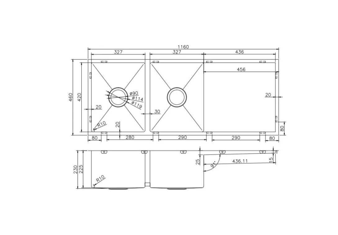 GOLD STAINLESS 1160 DOUBLE BOWL DRAINER SINK