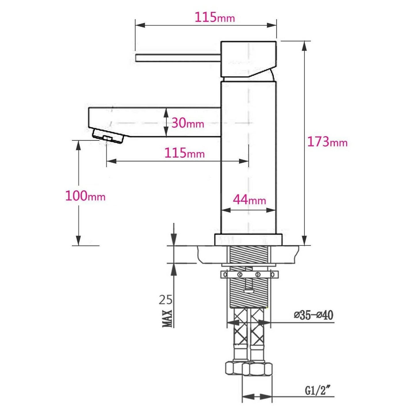 PIN STRAIGHT Lever Short Mixer - Available in 4 Colours