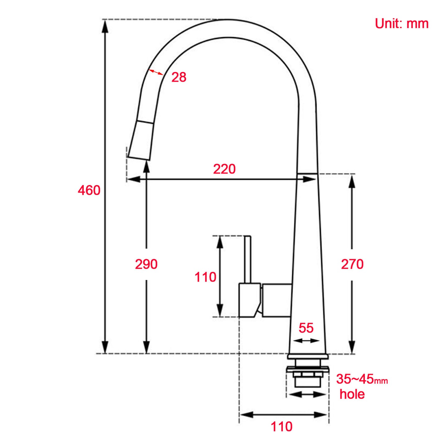 PIN GOOSENECK SPRAY PULL DOWN Round Mixer - Available in 5 Colours