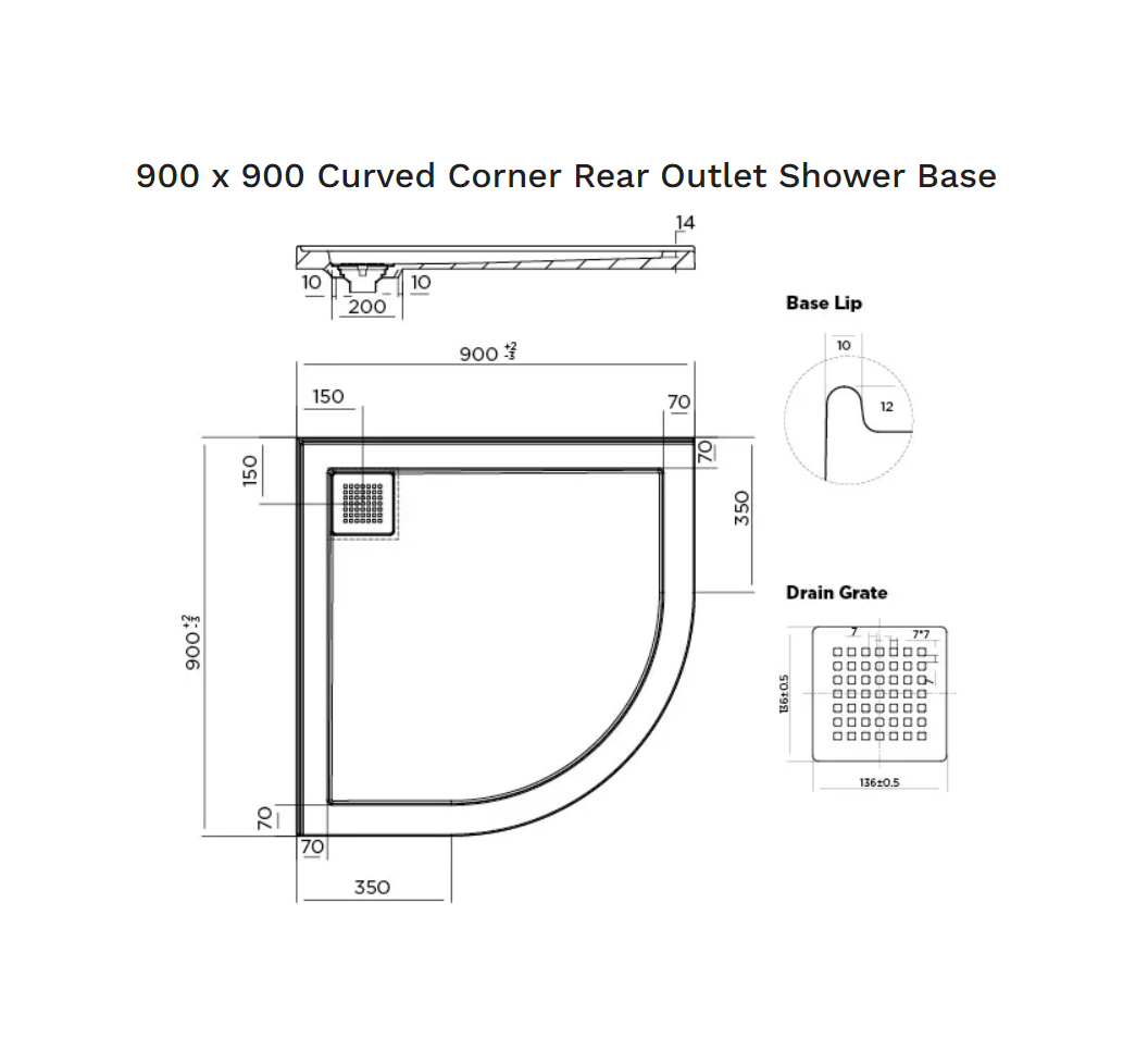 900 x 900 Curved Corner Rear Outlet Shower Base