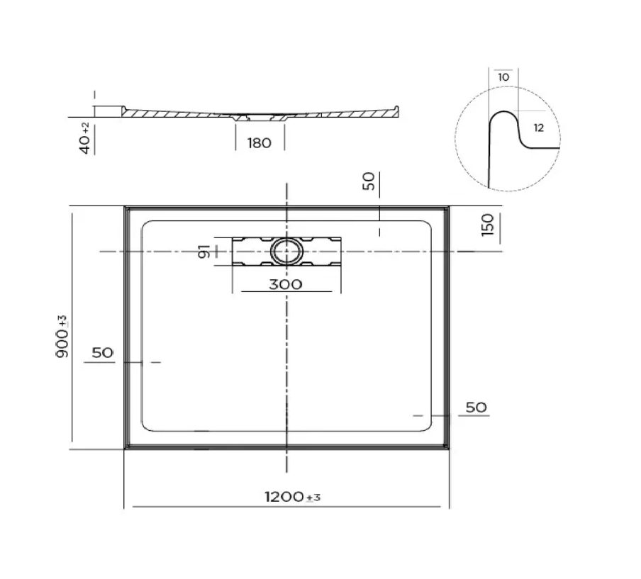 1200 x 900 POLYMARBLE Rear Outlet Shower Base