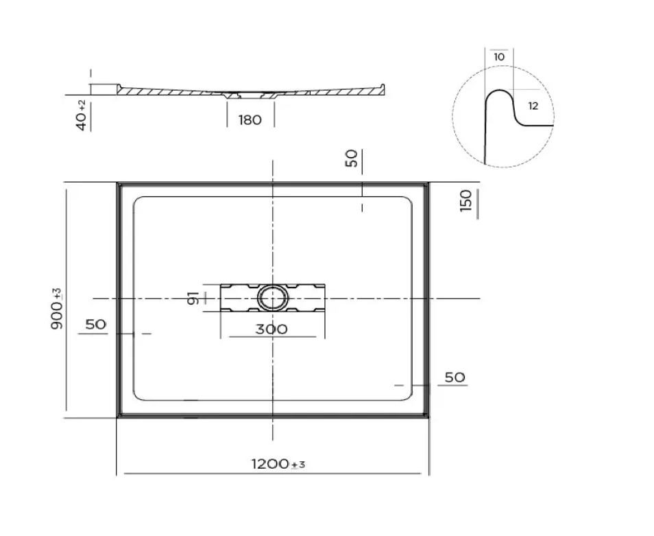 1200 x 900 POLYMARBLE Centre Outlet Shower BaseOutlet Shower Base