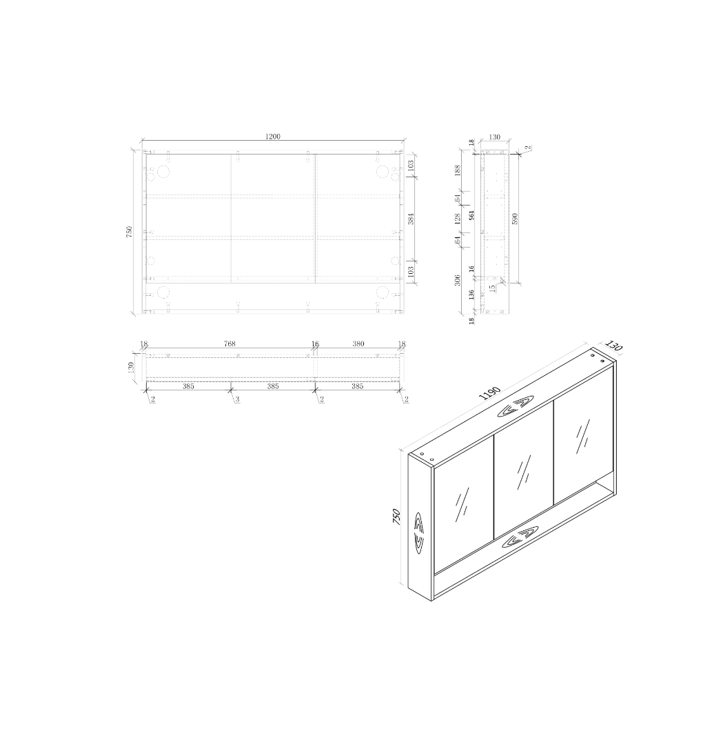 1200 mm BONDI Mirror Shaving Cabinet