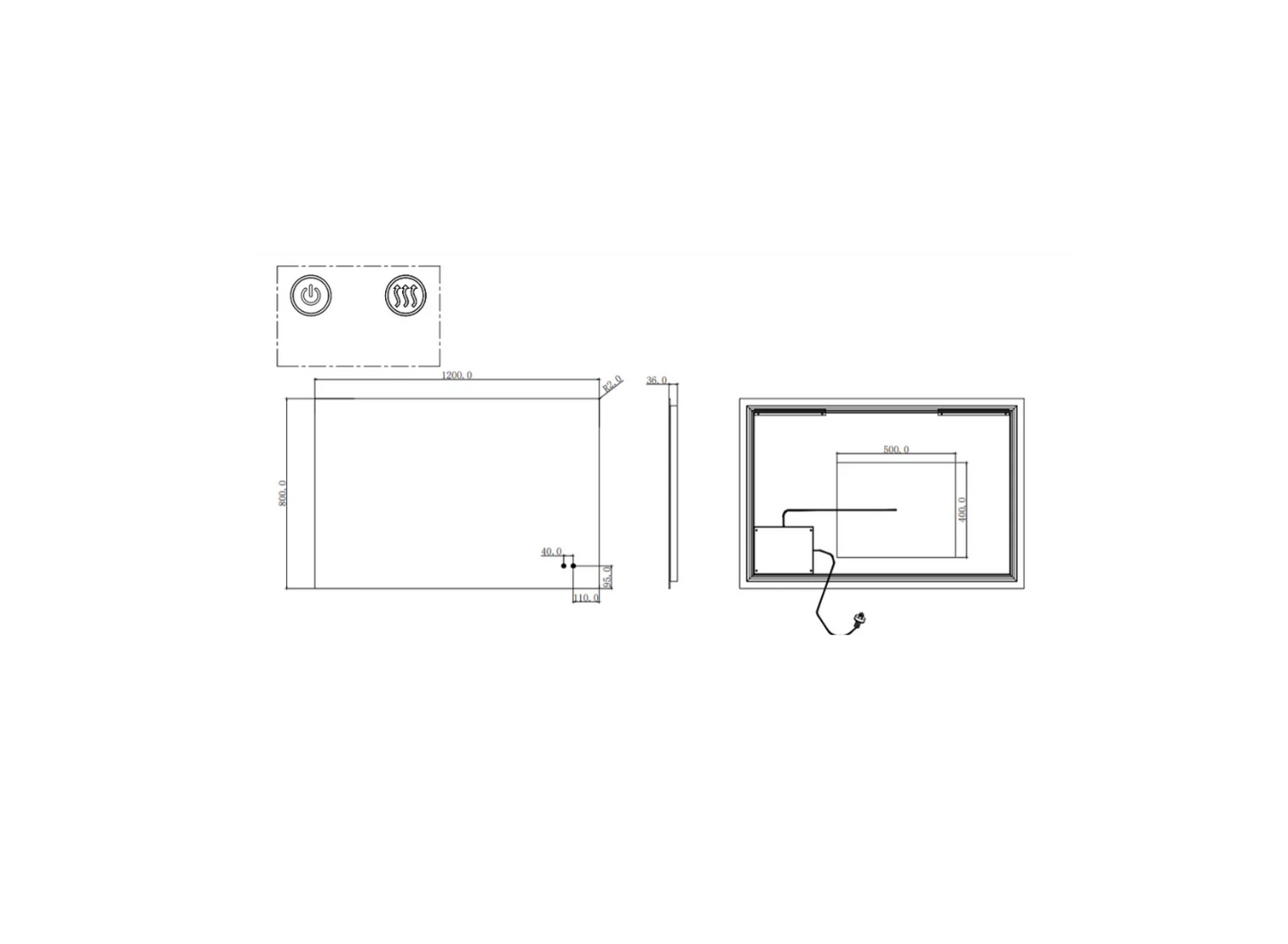 1200*800mm Sharp Edge 3 Color Lighting Backlit LED Mirror Touch Sensor