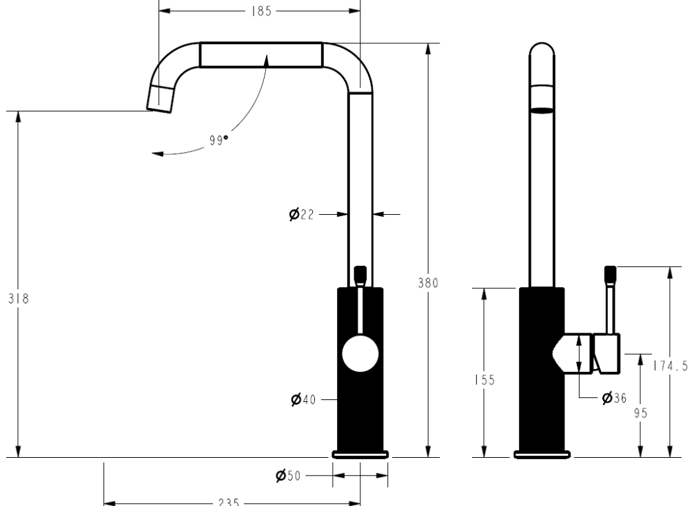 Luxe - Designer Curve Squared Kitchen &/or Laundry Mixer Tap - Available in 4 Colours