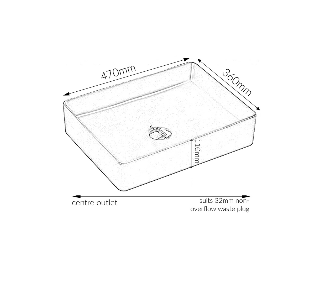 470*360*110 KHEUB Feather Edge Rectangle Low Line Ceramic Vanity Basin