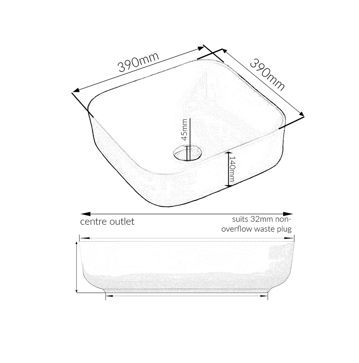 390*390*140 KHEUB Feather Edge Square White Gloss Vanity Basin - Lip Base
