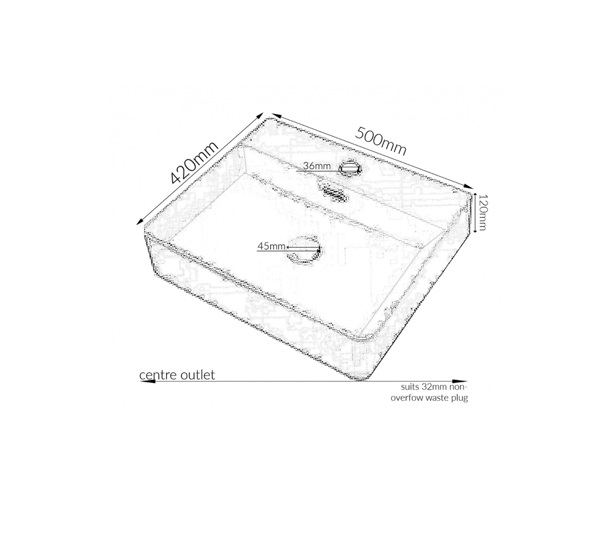 500*420*120 KHEUB Feather Edge Rounded Rectangle White Gloss Counter Basin with Overflow - Tap Provision