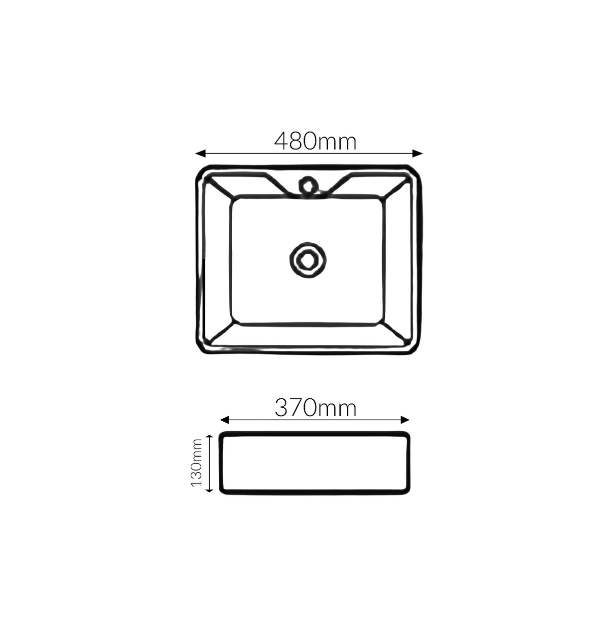 480*370*130 KROHLI Rectangle Rounded White Gloss Counter Basin - Tap Hole Provision