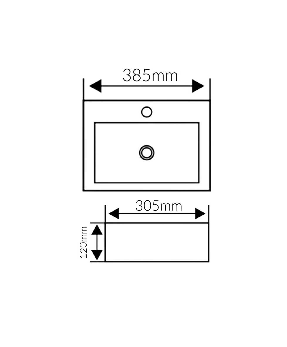 385*305*120 KROHLI Wall Hung Rectangle Compact White Gloss Counter Basin - Tap Provision