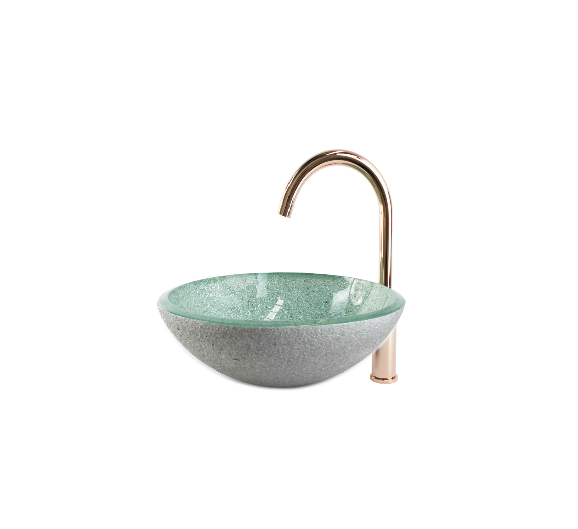 MONIQUE 350*120 Silvery Green Round External Speckled Etch Tempered Glass Countertop Vanity Basin