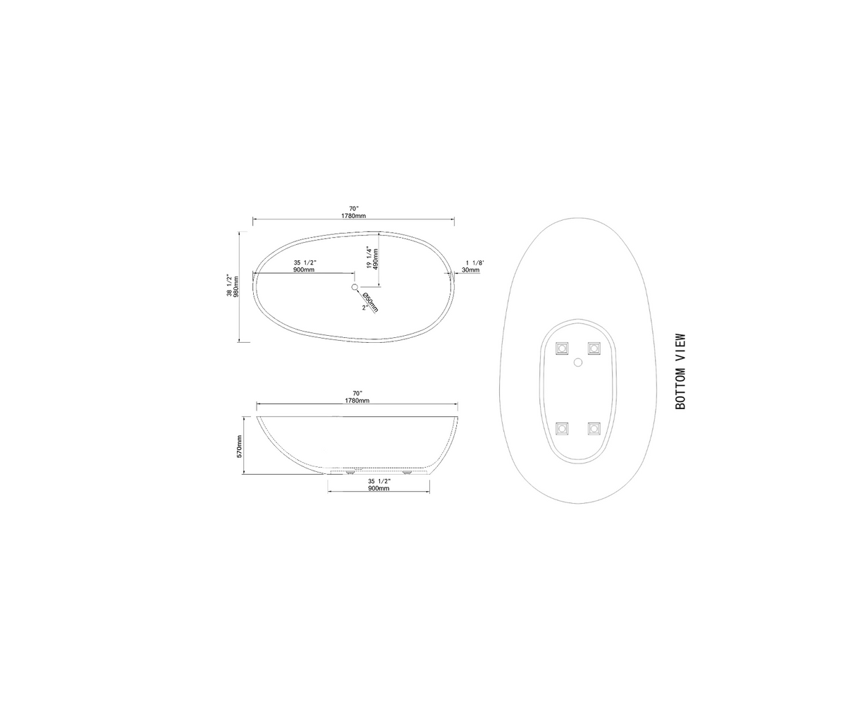 1780x980x570 KHEUB KINGSTON TEARDROP EGG STONE MATTE WHITE FREESTANDING BATHTUB
