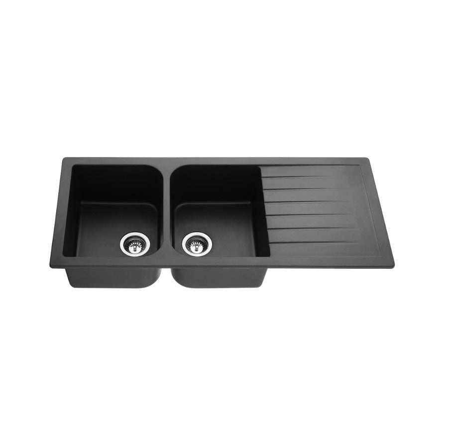 Quartz Top-mount Kitchen Sink Double Bowl & Drainer Matte Black 1160x500mm
