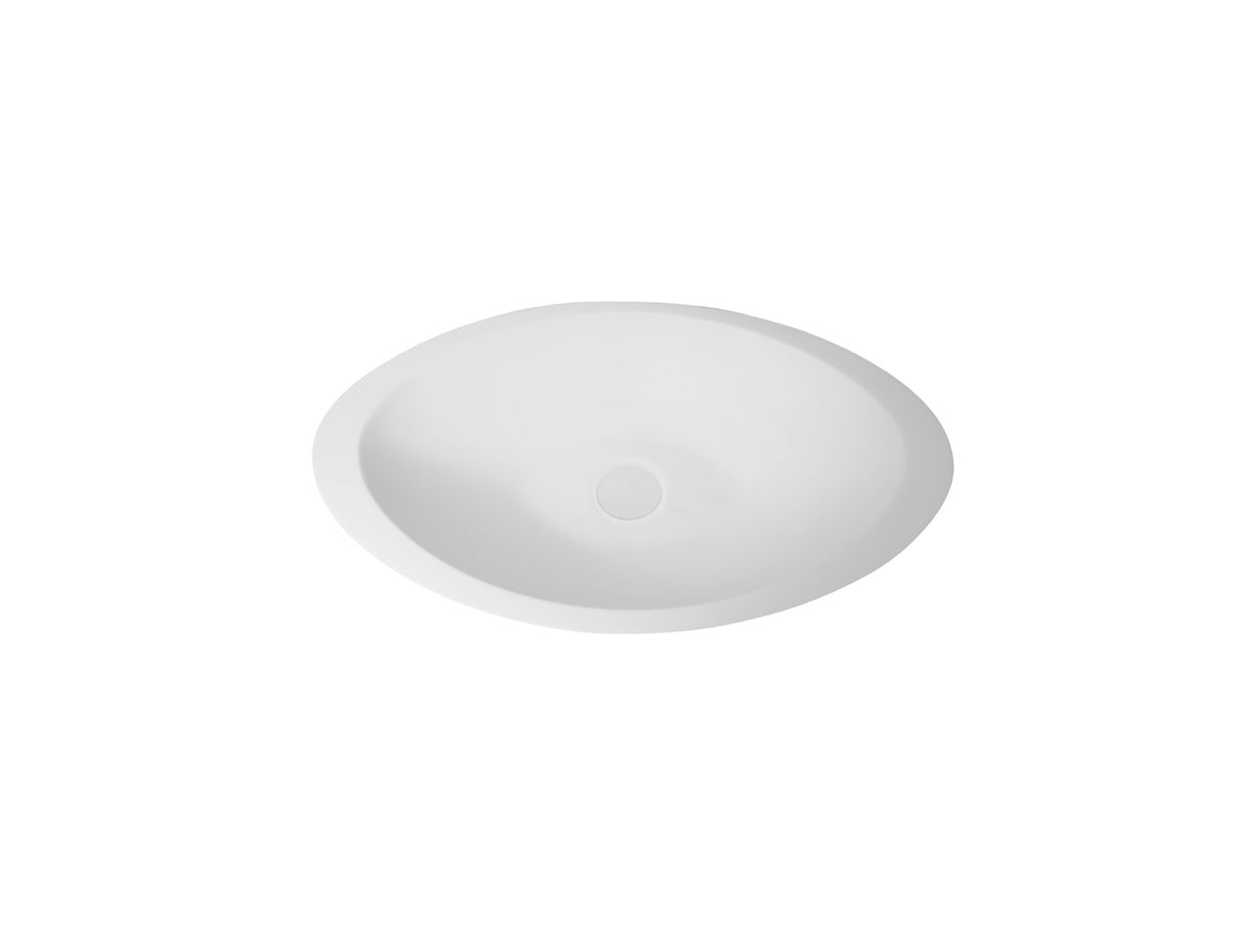590x350x100 KHEUB Tapered Oval Designer Hand Crafted Pure White Reconstituted Solid Stone Countertop Vanity Basin