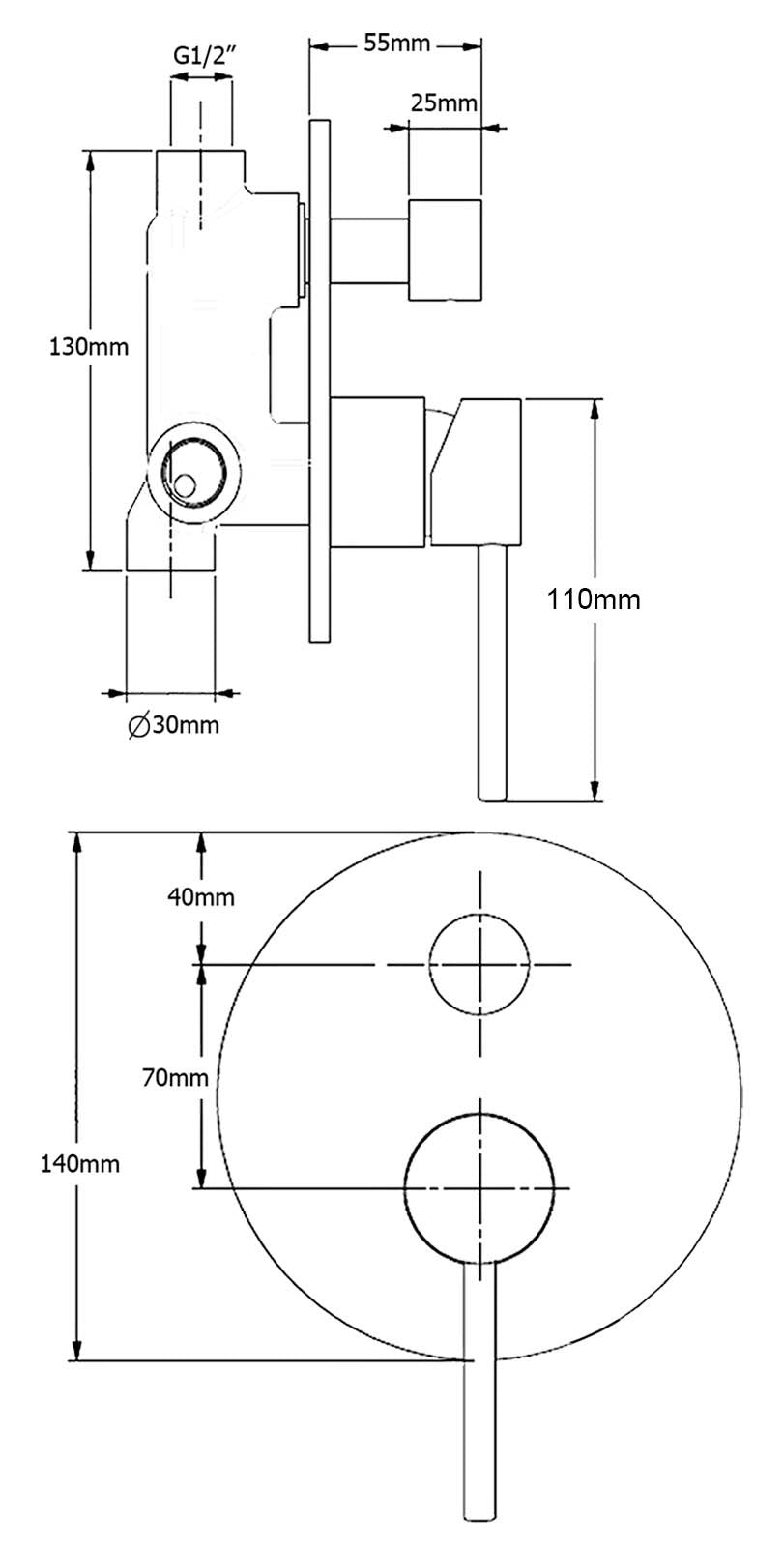 Round Wall Mixer with Diverter 140mm Backing Plate - Available in 5 Colours