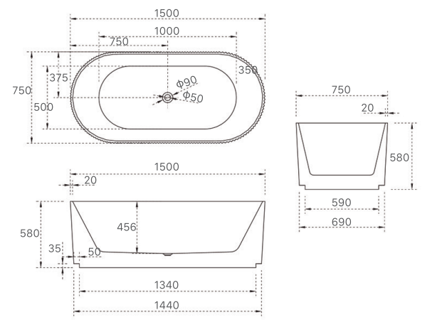 V GROOVE OVAL 1500 MATTE WHITE