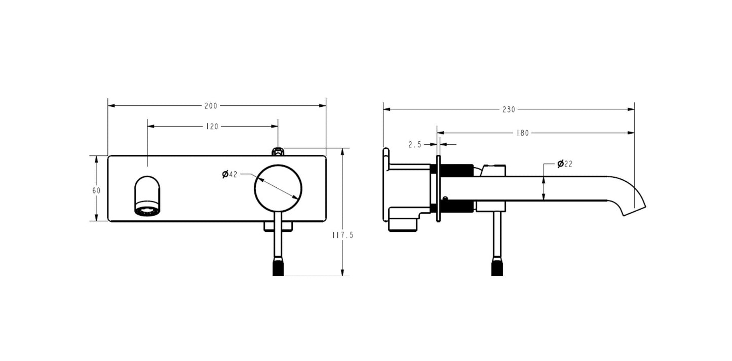 Luxe Slimline 180mm Wall Basin Mixer with Spout with backing plate - Available in 4 Colours