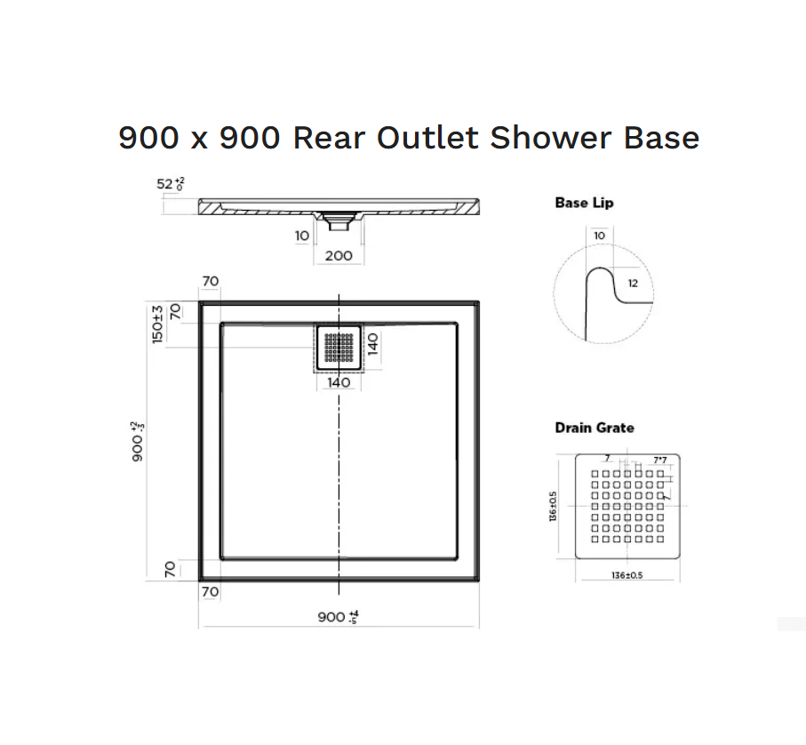 900 x 900 POLYMARBLE SHOWER BASE - rear outlet waste