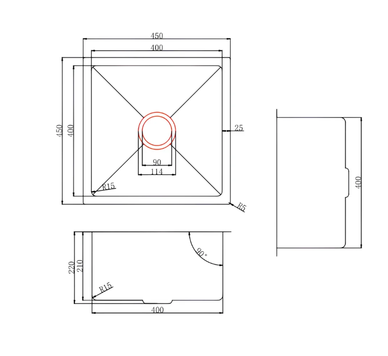 450*450*220mm SS Sink - Available in 4 Colours
