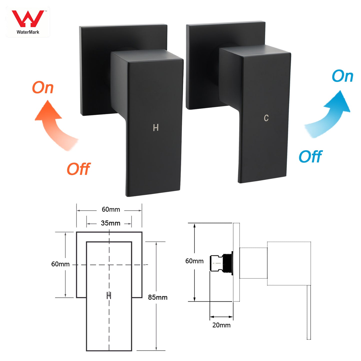 Twin Square hot & cold 1/4 Turn Tapware Handles - Available in 5 Colours