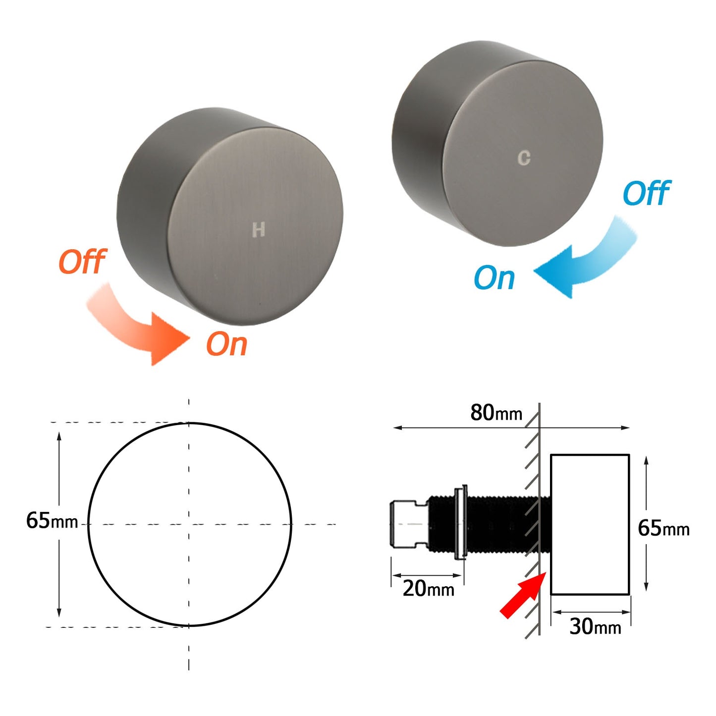 Round Hot & Cold 1/4 Turn Handles - Available in 5 Colours