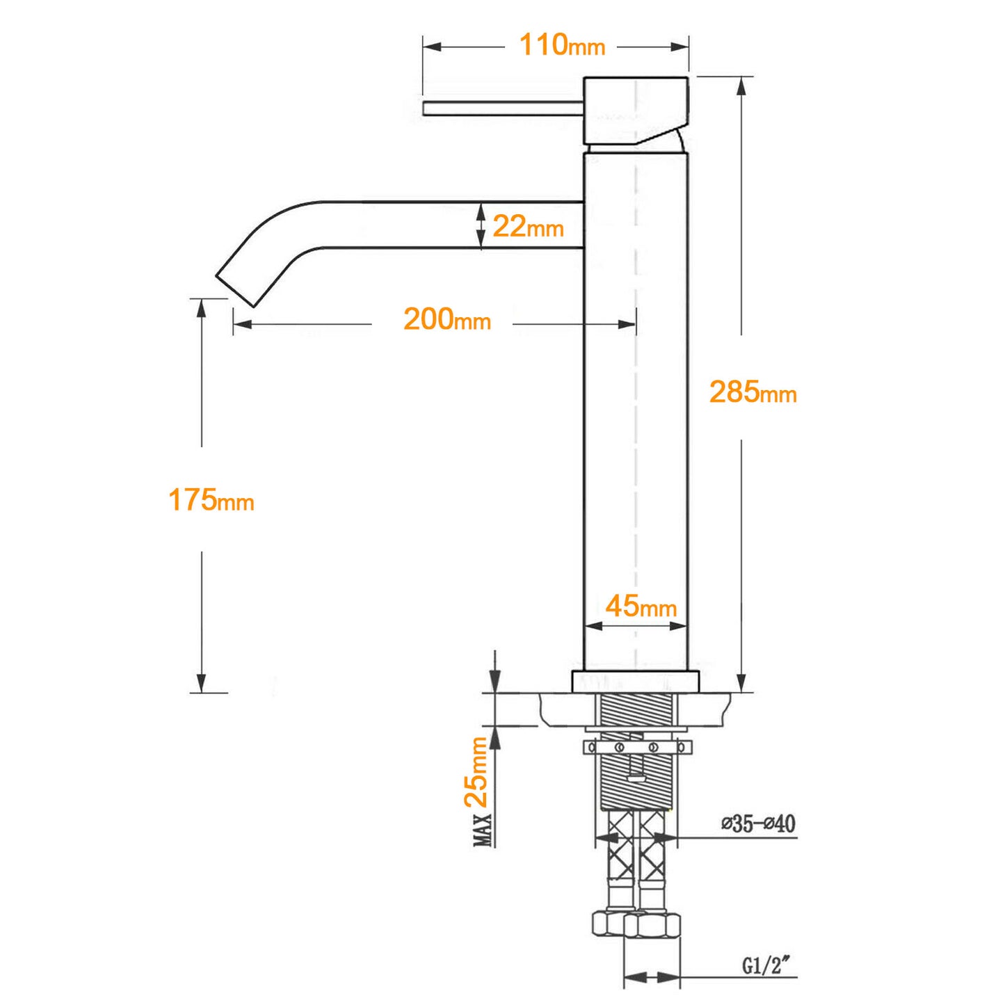 PIN DROP  Tall Vanity Mixer - Available in 5 Colours