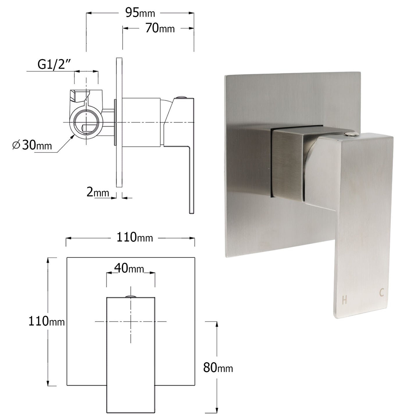 Square Wall Mixer 110mm Backing Plate  - Available in 5 Colours