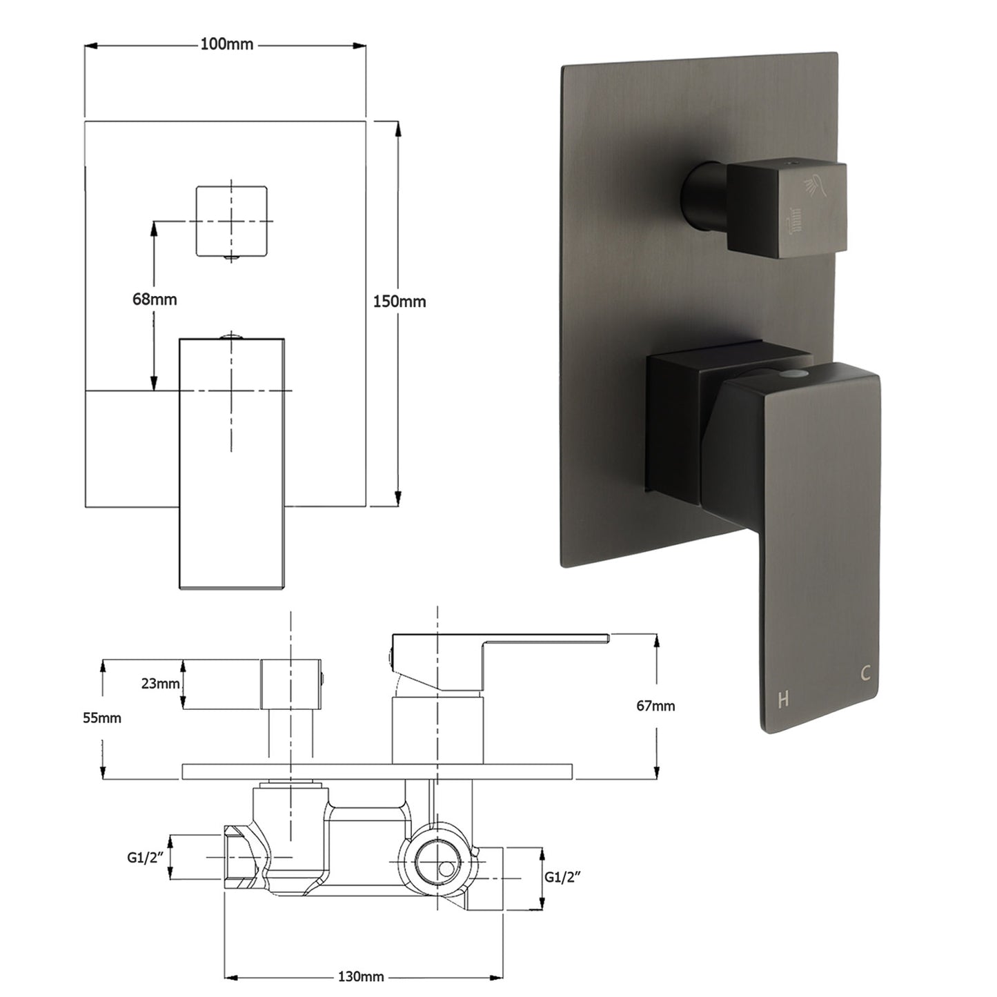 Square Wall Mixer with Diverter - Available in 5 Colours