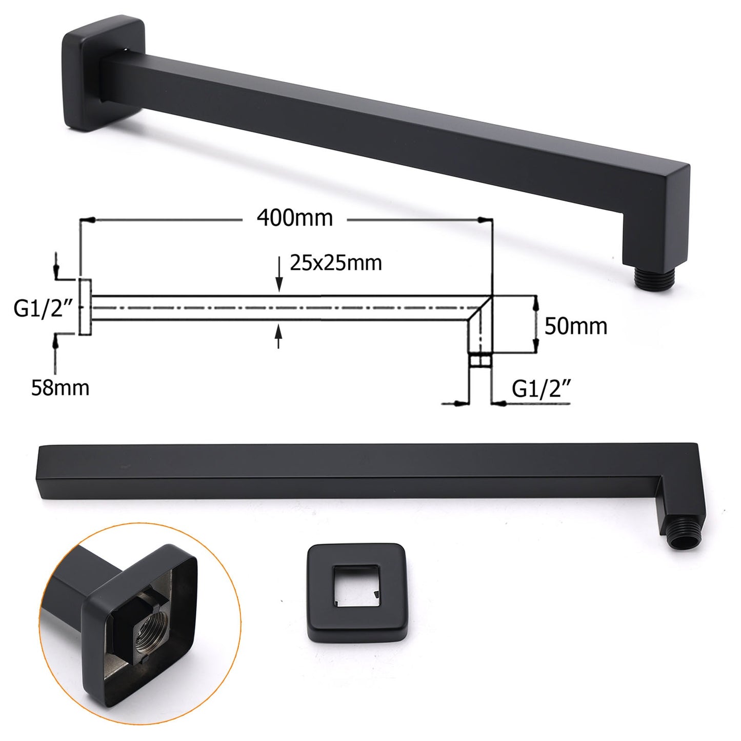 400mm Square Wall Shower Arm/Bar Extension - Available in 5 Colours