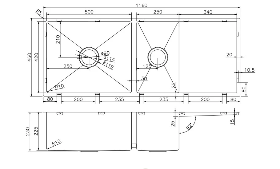BRUSHED STAINLESS 1160 BOWL & 1/2 DRAINER SINK
