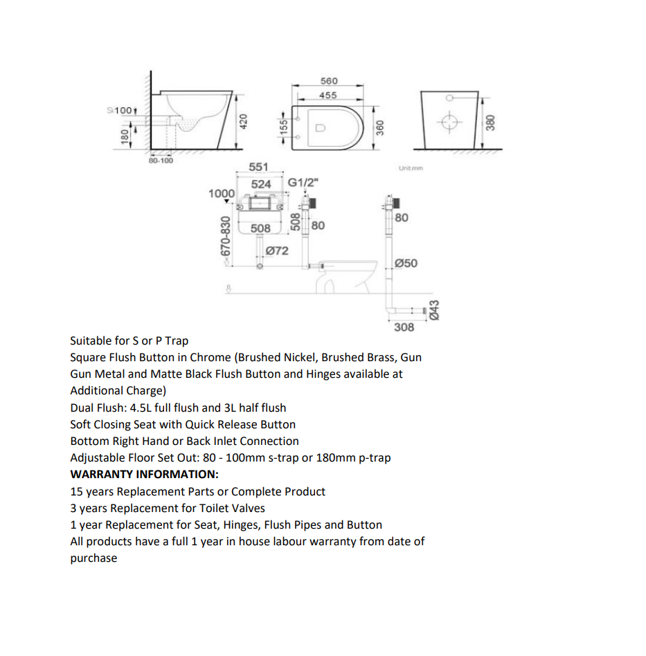 BRAVO-II RIMLESS IN-WALL FLOOR BACK TO WALL TOILET