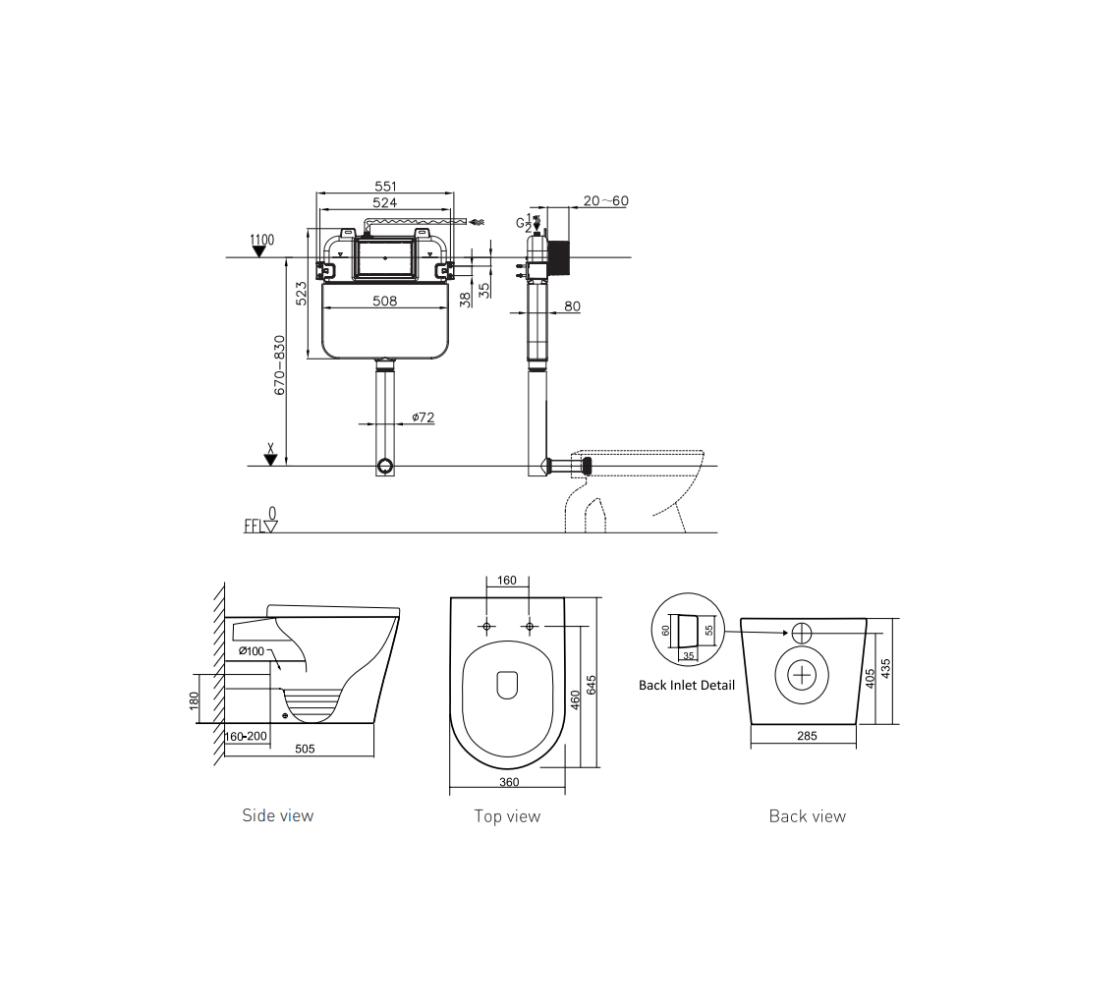 BELLA TORNADO & RIMLESS IN-WALL FLOOR BACK TO WALL TOILET AMBULANT CERTIFIED