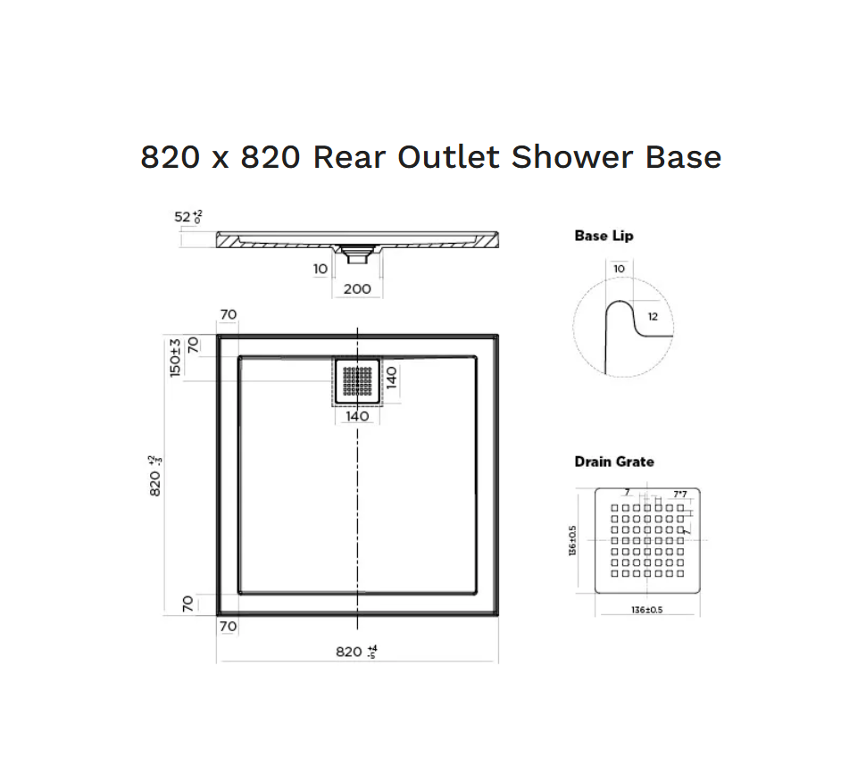 820 x 820 POLYMARBLE SHOWER BASE - rear outlet waste