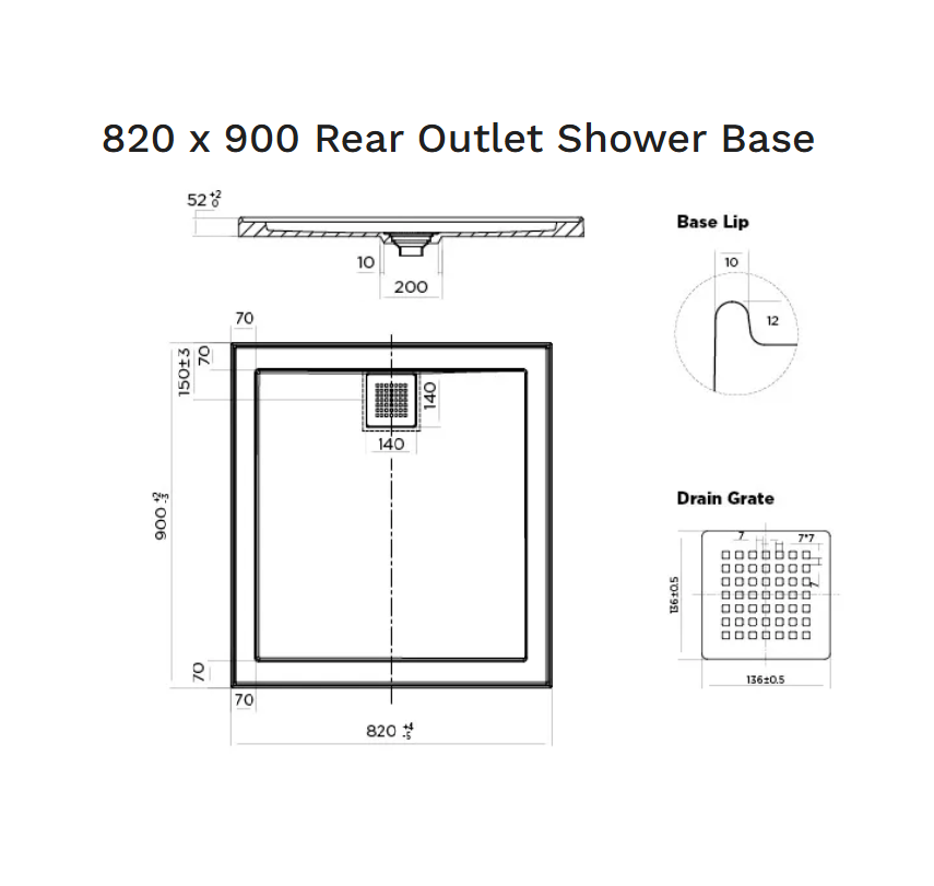 820 x 900 POLYMARBLE SHOWER BASE - rear outlet waste