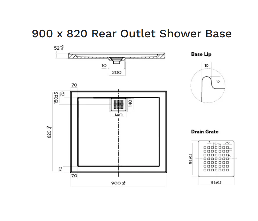 900 x 820 POLYMARBLE SHOWER BASE - rear outlet waste