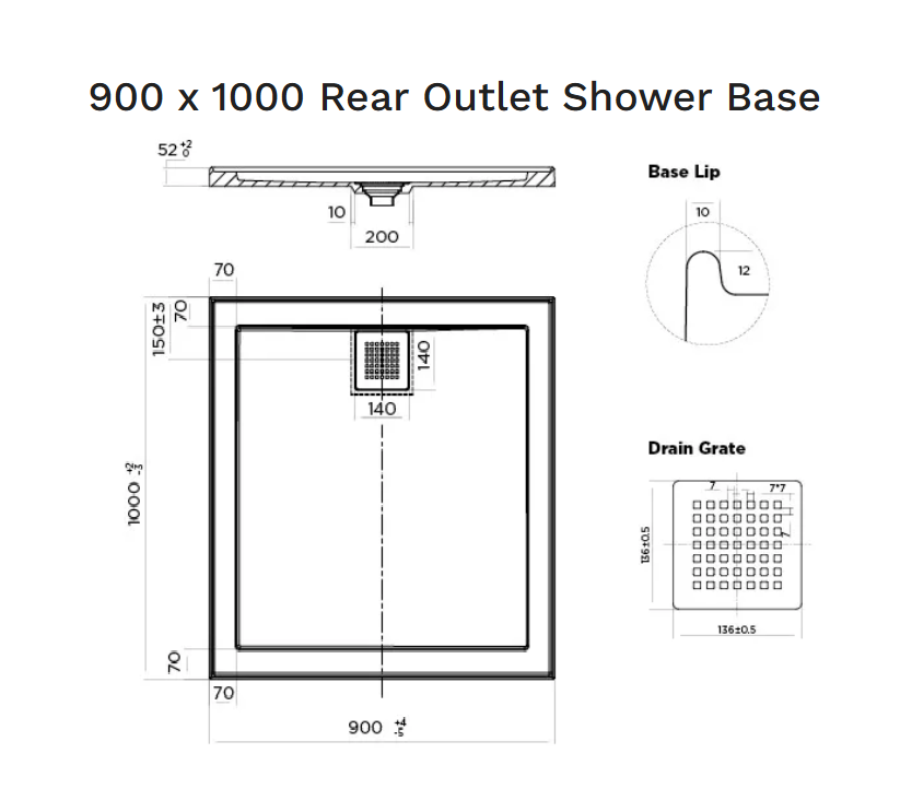 900 x 1000 POLYMARBLE SHOWER BASE - rear outlet waste