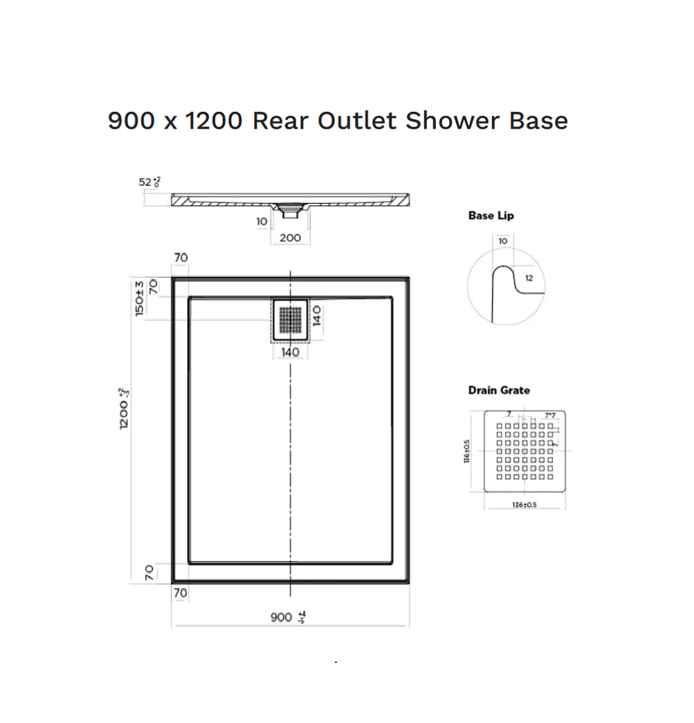 900 x 1200 POLYMARBLE SHOWER BASE - rear outlet waste