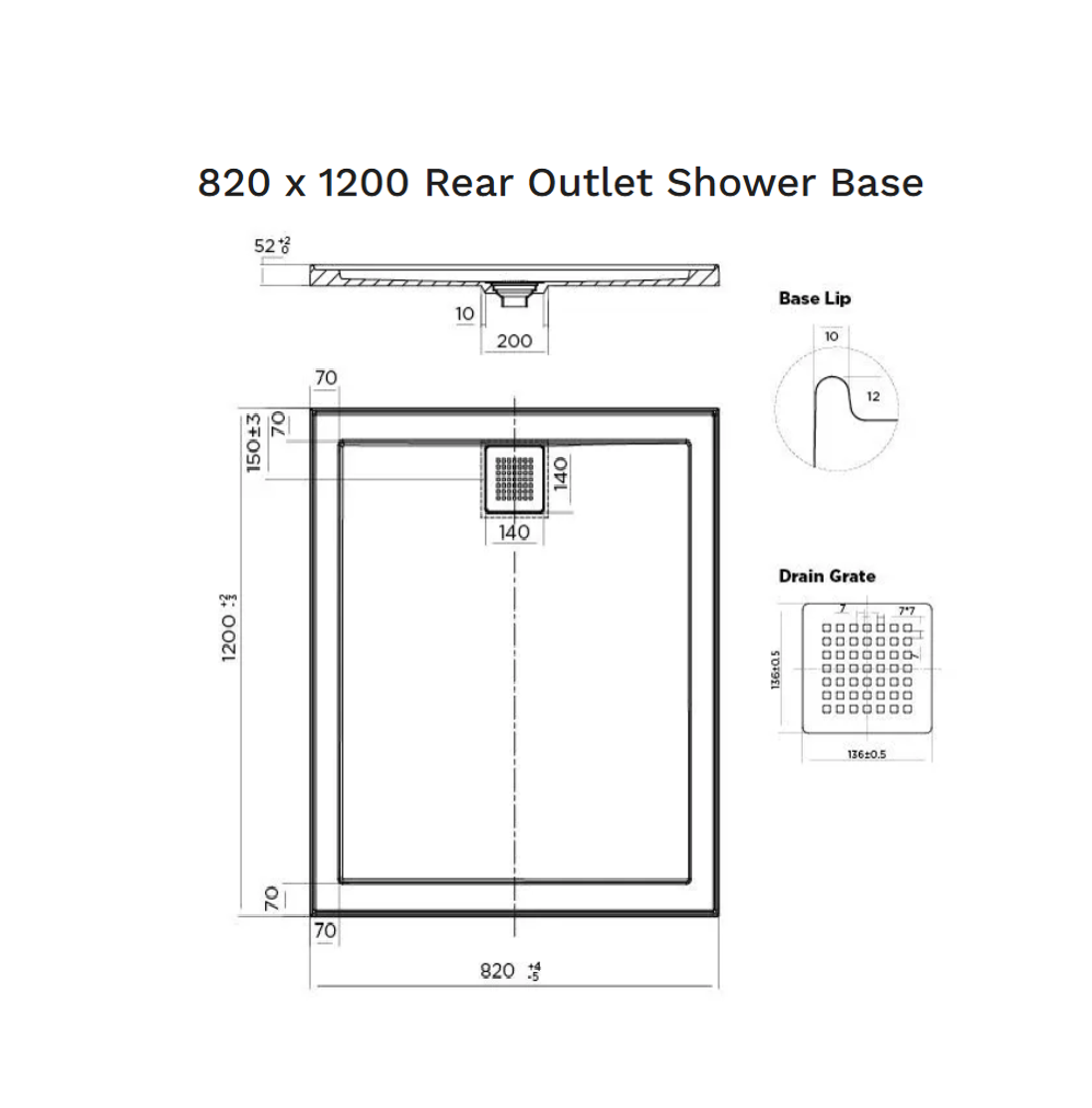 820 x 1200 POLYMARBLE SHOWER BASE - rear outlet waste