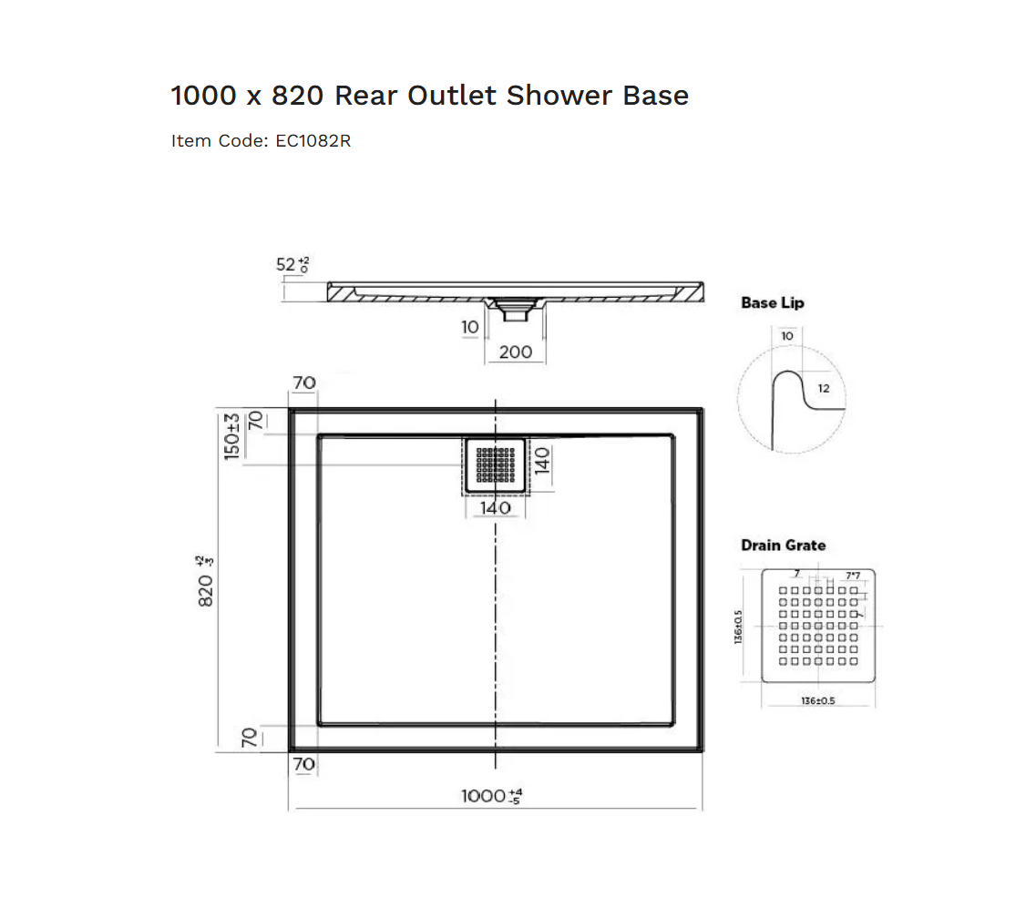 1000 x 820 POLYMARBLE SHOWER BASE - rear outlet waste