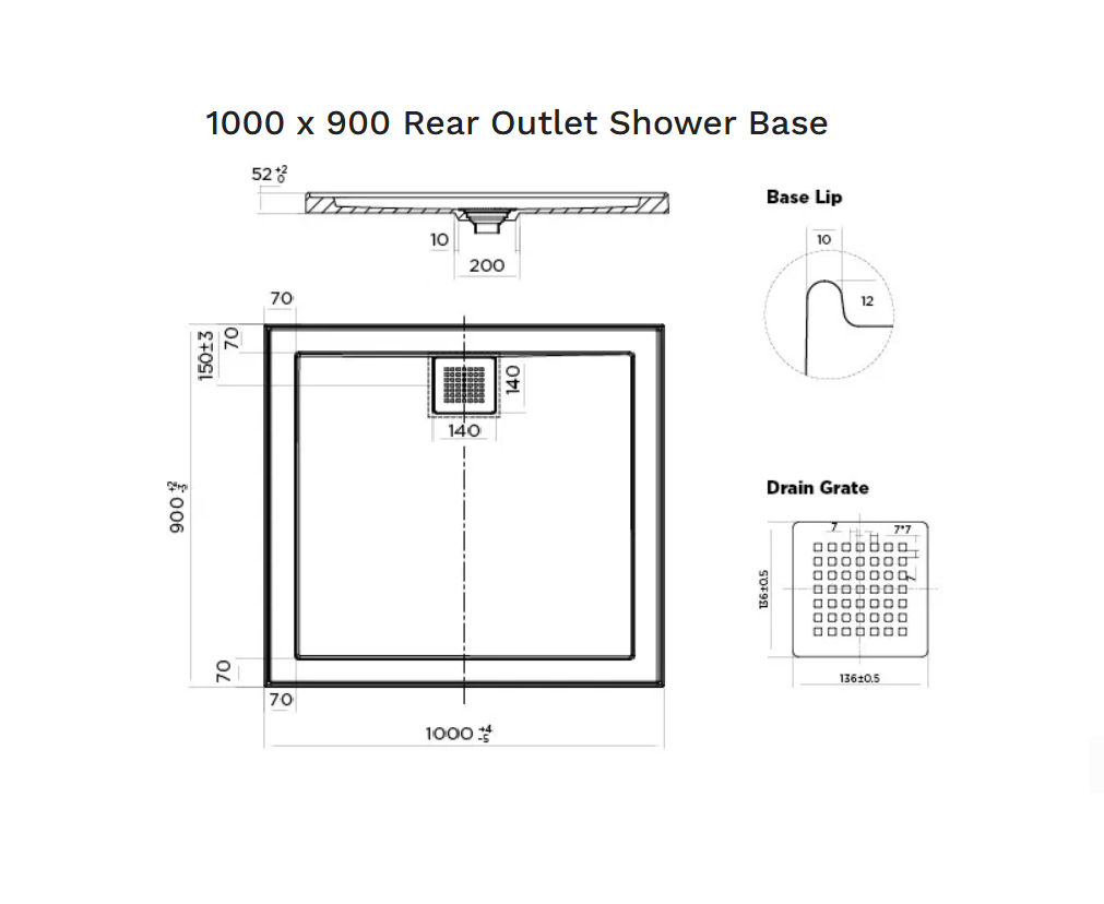 1000 x 900 POLYMARBLE SHOWER BASE - rear outlet waste