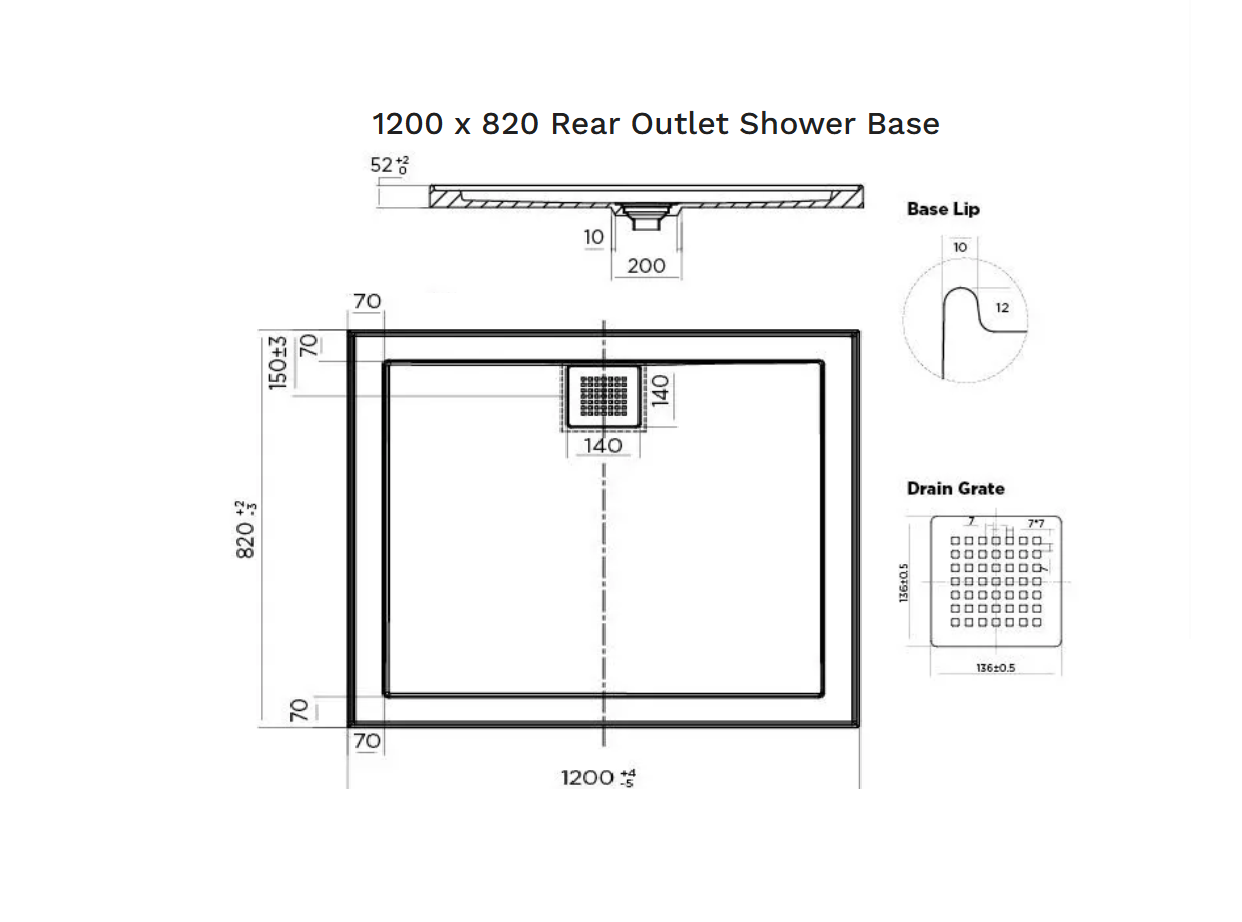 1200 x 820 POLYMARBLE SHOWER BASE - rear outlet waste