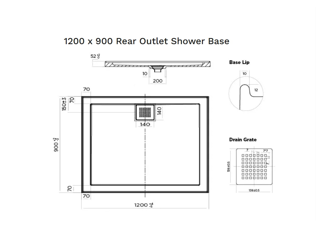 1200 x 900 POLYMARBLE SHOWER BASE - rear outlet waste