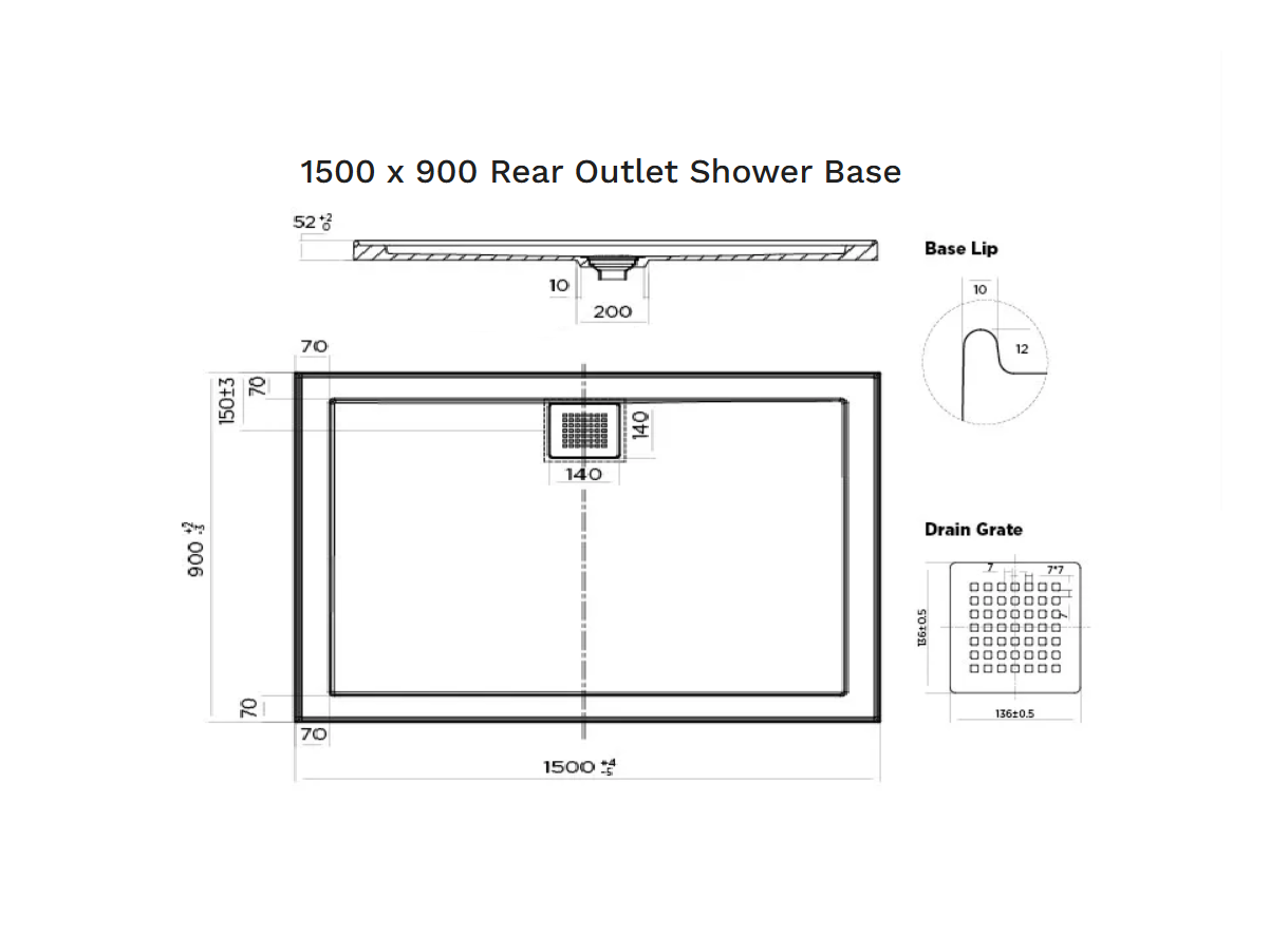 1500 x 900 POLYMARBLE SHOWER BASE - centre outlet waste