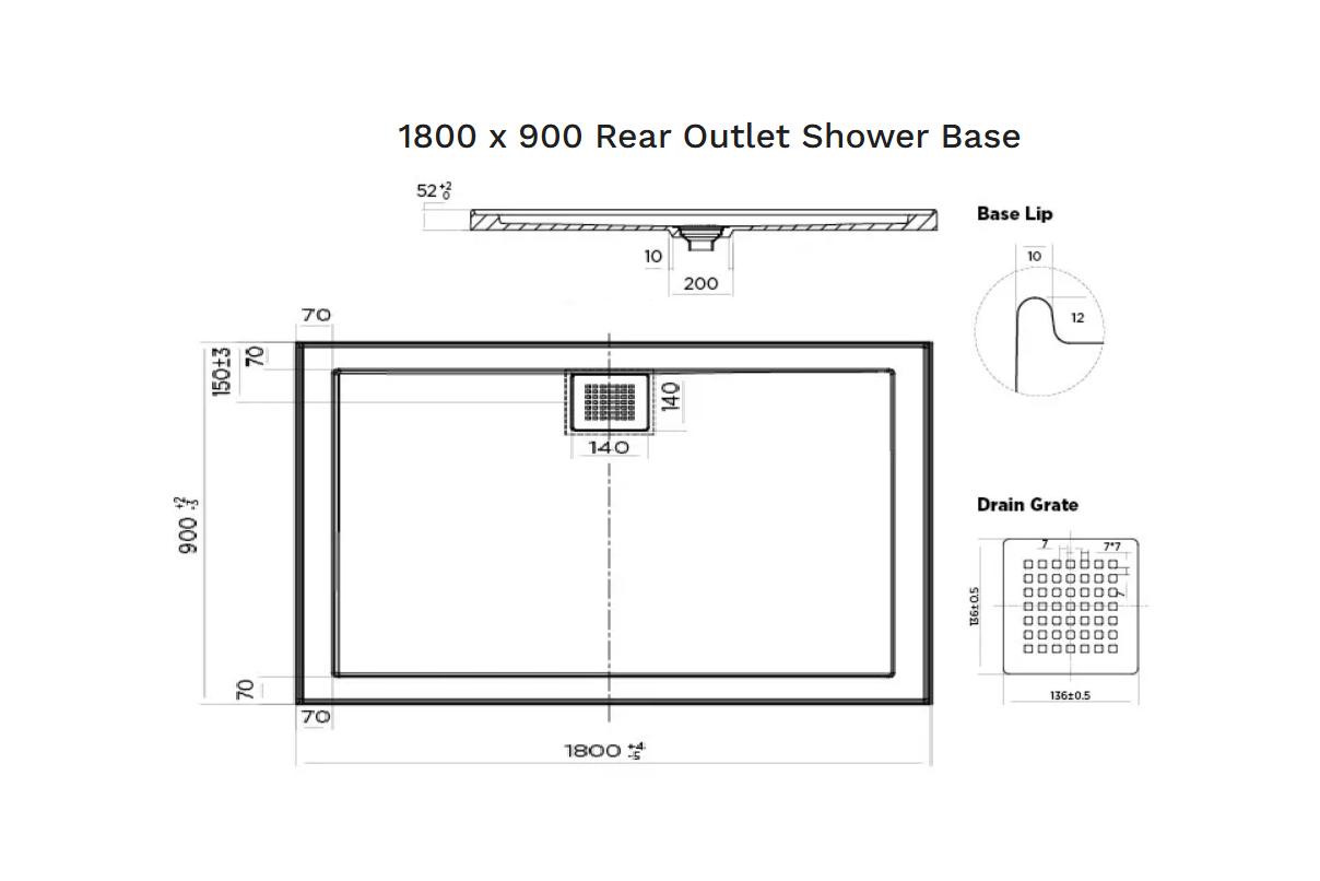 1800 x 900 POLYMARBLE SHOWER BASE - rear outlet waste
