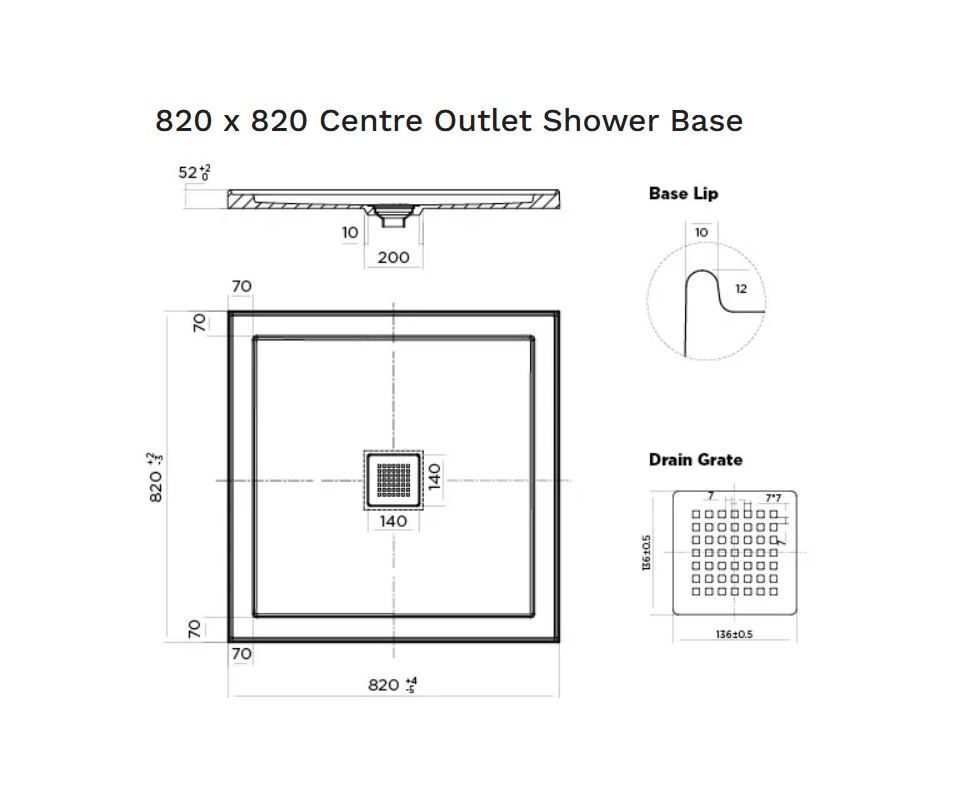 820 x 820 POLYMARBLE SHOWER BASE - centre outlet waste