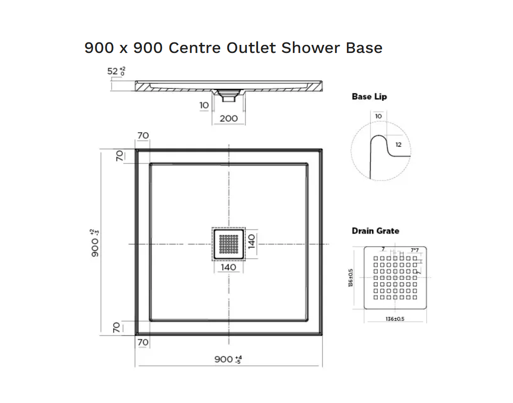 900 x 900 POLYMARBLE SHOWER BASE - centre outlet waste