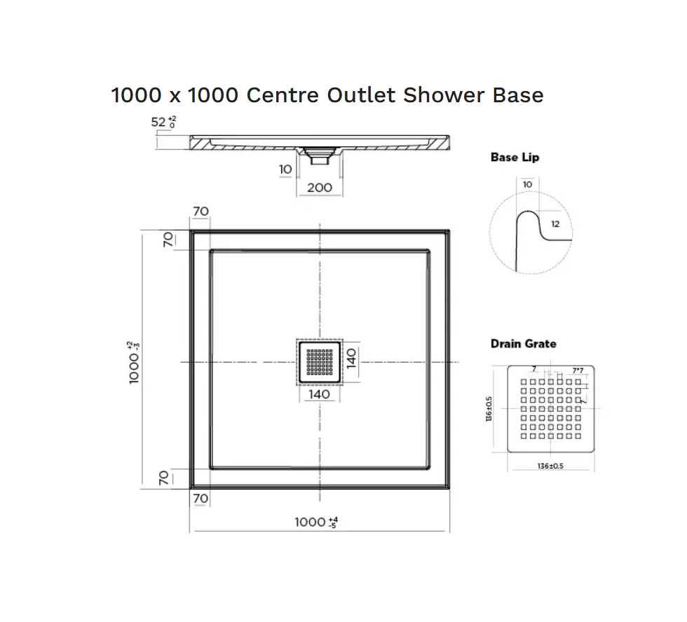 1000 x 1000 POLYMARBLE SHOWER BASE - centre outlet waste