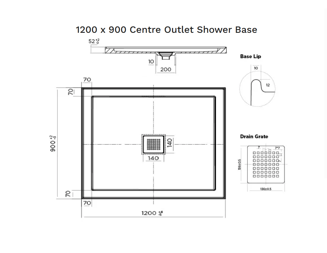 1200 x 900 POLYMARBLE SHOWER BASE - centre outlet waste