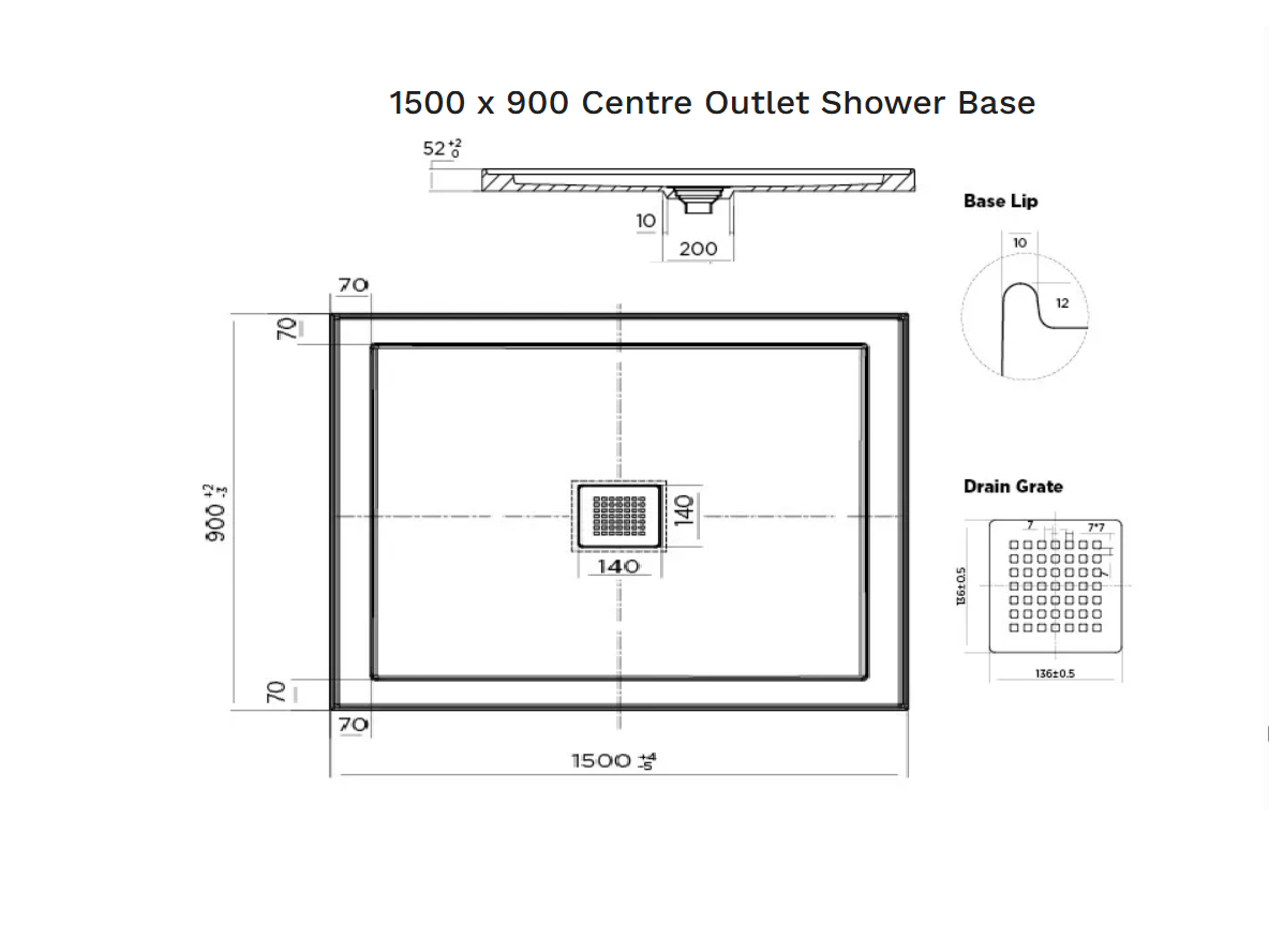 1500 x 900 POLYMARBLE SHOWER BASE - rear outlet waste