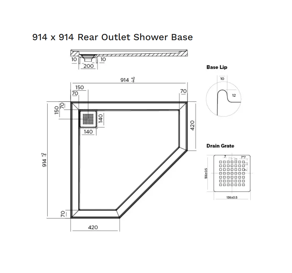 900 x 900 Angle Corner Rear Outlet Shower Base